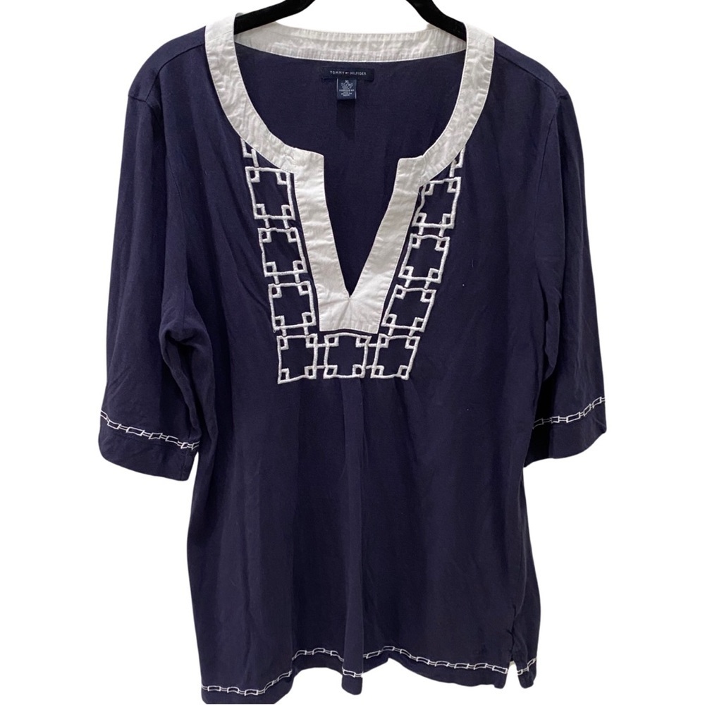 Tommy Hilfiger Navy & White Embroidered Cotton Top size XL
